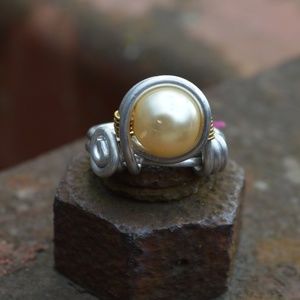 Silver Pearl Wire Ring, Handmade, June Birthday